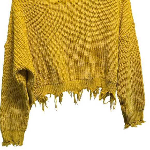 EUC ZAFUL BOLD MUSTARD YELLOW KNITTED CROPPED FRINGED HEM PULLOVER SWEATER OSFM - Picture 6 of 8